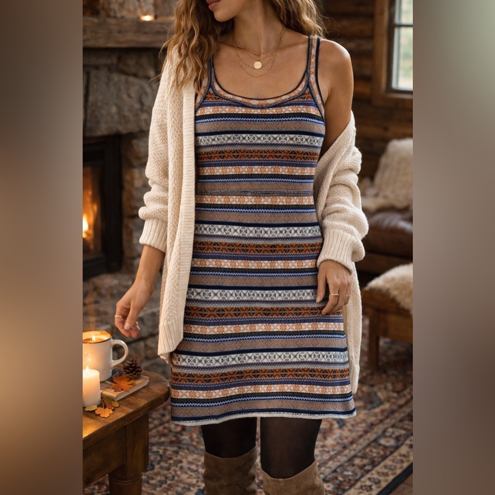 Free People Nordic Fair Isle Sweater Tank Dress Wool Blend Boho Cozy Medium